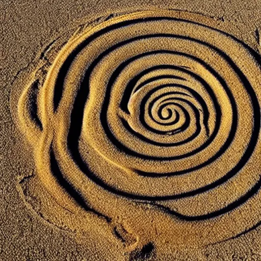 Prompt: A golden spiral created with sand on a beach, leading into the ocean, golden ratio, by sandro boticceli and Hayao Miyazaki