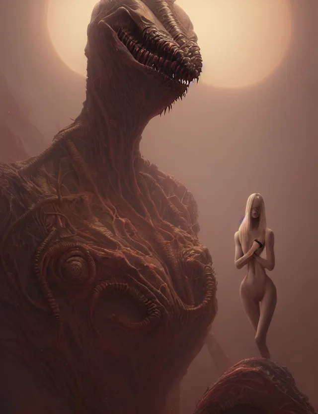 Prompt: ultra realist muted colors horror painting of a dimly lit attractive alien female next to a hellish creature, very intricate details, focus, model pose, full frame image, artwork by tooth wu and wlop and beeple and greg rutkowski, award winning