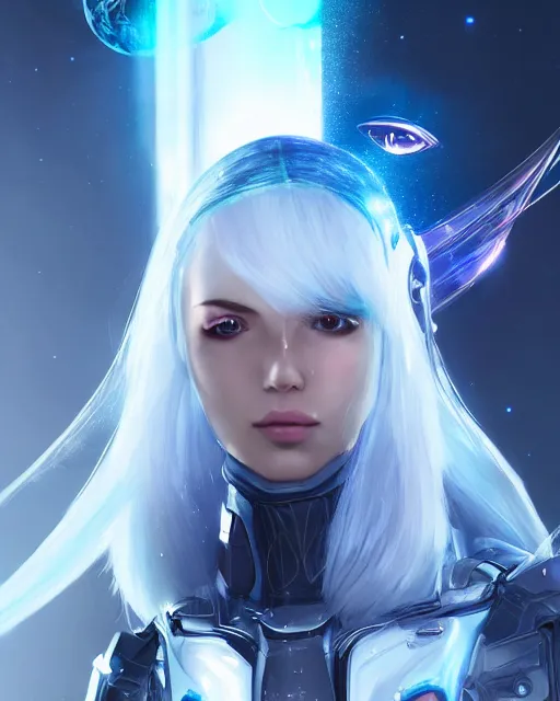 Image similar to perfect android girl on a mothership, warframe armor, beautiful face, scifi, futuristic, galaxy, nebula, raytracing, dreamy, long white hair, blue cyborg eyes, sharp focus, cinematic lighting, highly detailed, artstation, divine, by gauthier leblanc, kazuya takahashi, huifeng huang