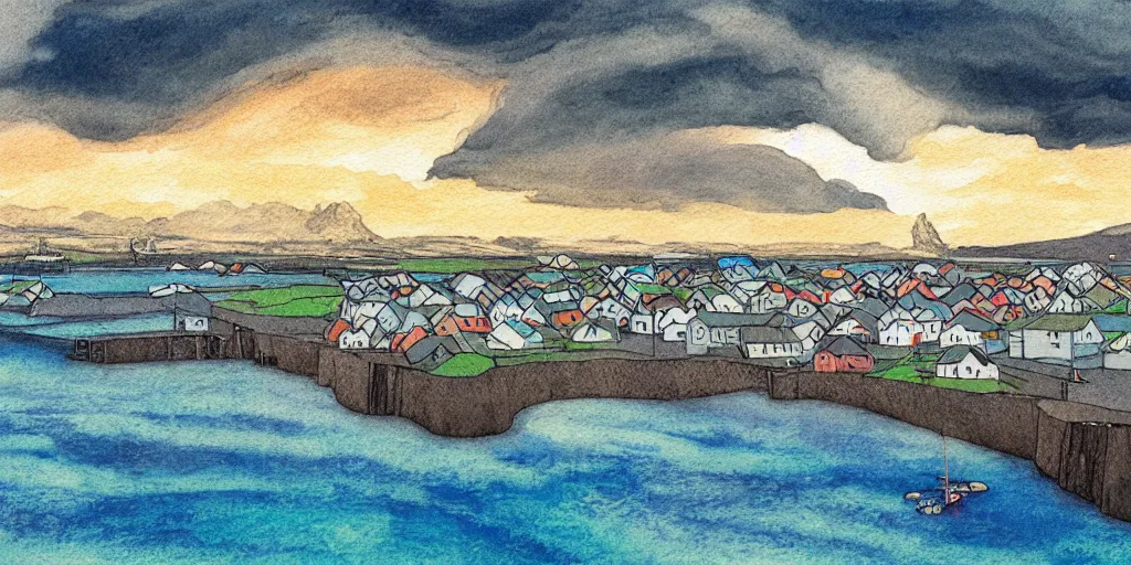 Image similar to a beautiful painting of a icelandic fishing village, storm clouds gathering over the town, by studio ghibli 8 k pastel colours, isometric drone shot smeared watercolours, golden light film grain