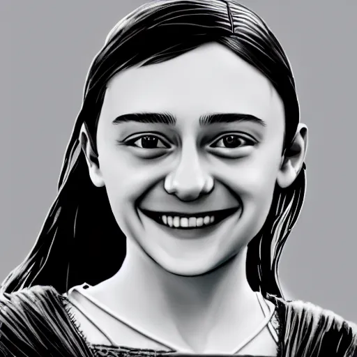 Image similar to elegant smiling happy arya stark, 1 4 years old, photograph 3 5 mm, shot from game of thrones, at borobudur, artstation