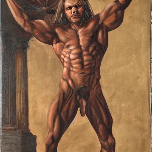 Image similar to a hot muscular cambian demon man in a great hall, portrait, realistic painting