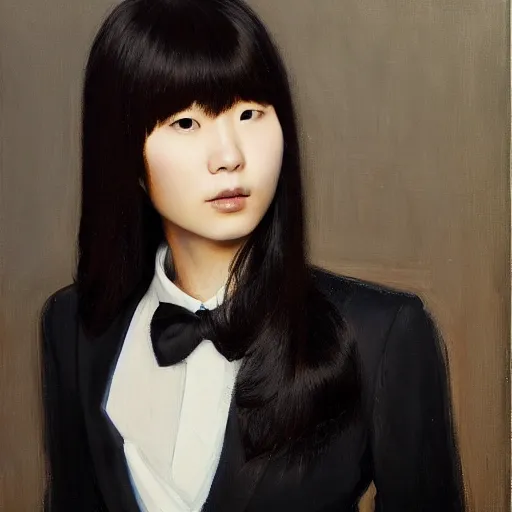 Image similar to portrait of a beautiful korean girl wearing a men's tuxedo, with long hair and bangs, angular features, angry expression, oil on canvas, elegant pose, masterpiece, Jonathan Yeo painting