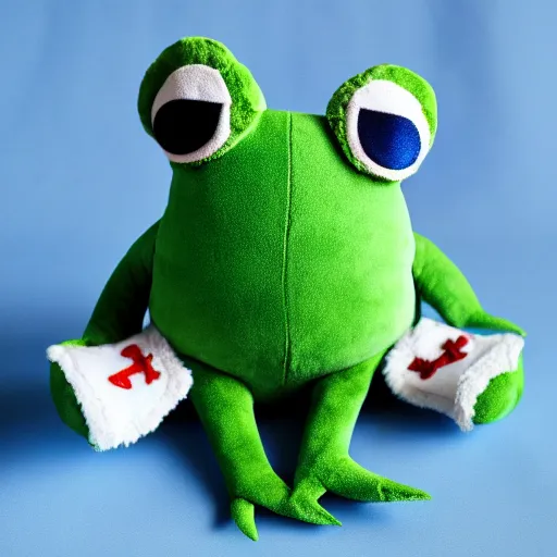 Image similar to stuffed animal frog wearing a sailor suit, plushie photography,