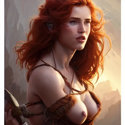 Image similar to portrait of a young ruggedly handsome buxom but joyful barbarian, female, feminine, upper body, red hair, long hair, d & d, fantasy, seductive smirk, intricate, elegant, highly detailed, digital painting, artstation, concept art, matte, sharp focus, illustration, art by artgerm and greg rutkowski and alphonse mucha