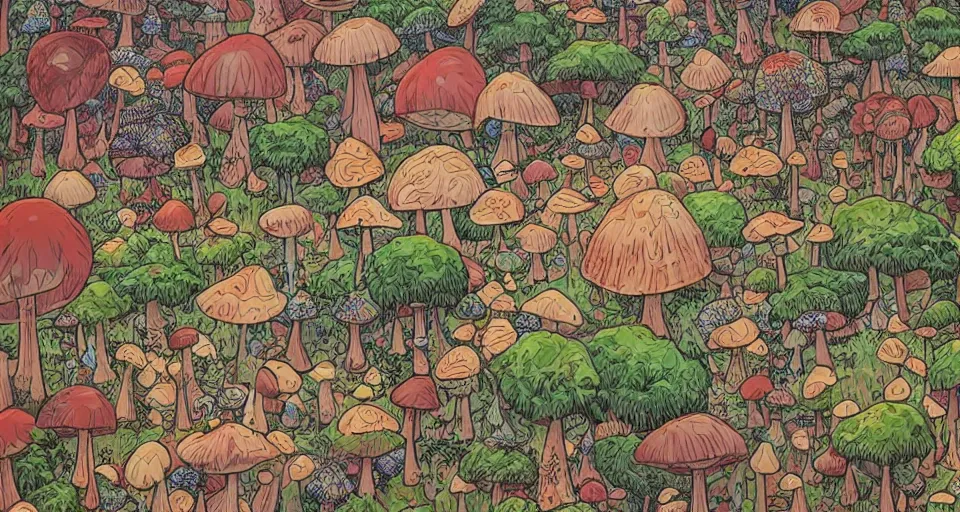 Prompt: A tribal village in a forest of giant mushrooms, by james jean,