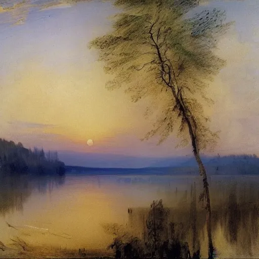 Image similar to a landscape of a lake and trees, by Isaac Levitan, J.M.W Turner, scenic, dusk, high textures, reflections, atmospheric, blue water, dramatic