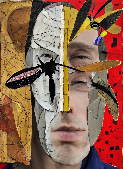 Image similar to a man with a moth mask, cardboard and scotch tape, chain, collage, acrylic on canvas, expressionism movement, breathtaking detailed, by blake neubert