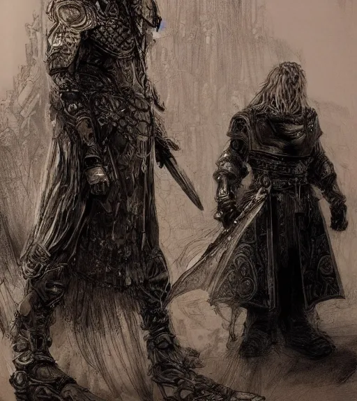 Image similar to long blond hair man in armor with another man with long blong hair tyed up with black robes, pen and ink, intricate line drawings, by craig mullins, ruan jia, kentaro miura, greg rutkowski, loundraw