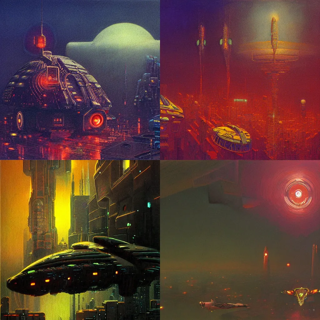 Prompt: detailed painting of a cyberpunk spaceship by moebius at night, exterior, floral ornaments, volumetrics lights, beam of bright lights through the clouds, beksinski, bougeureau