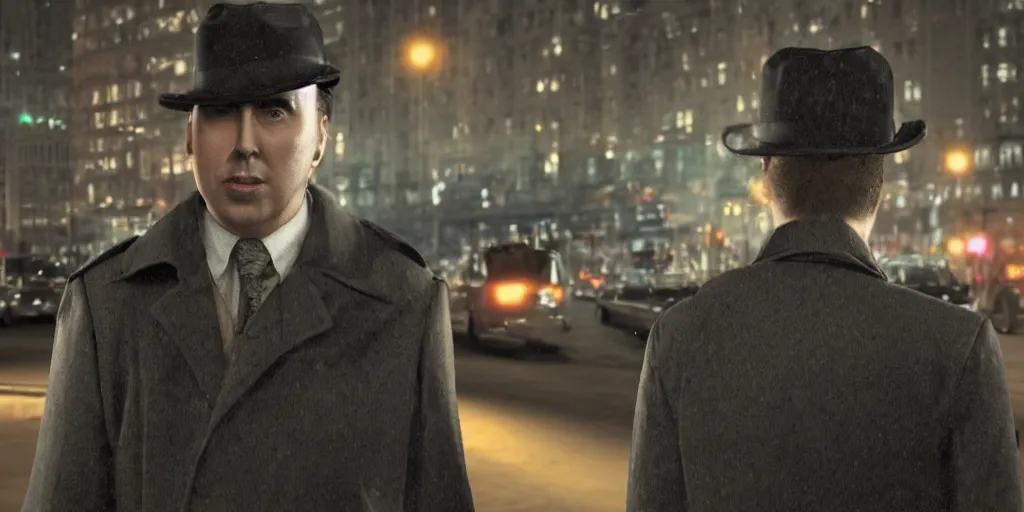 Prompt: a picture of a man with a face similar to nick cage, wearing a 1 9 4 0's noire detective outfit with fedora and trench coat, standing in the streets of chicago at night, detailed unblurred face, 4 k octane render digital painting