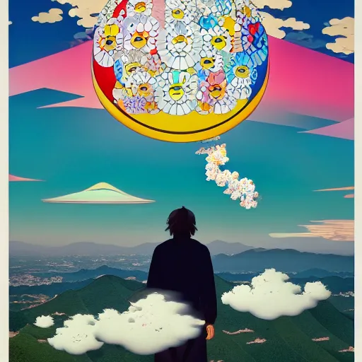 Image similar to a man walking on clouds away from the camera above kyoto by takashi murakami, beeple and james jean, aya takano color style, 4 k, super detailed, modern, 4 k, symmetrical