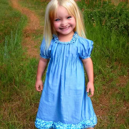 Image similar to a little peasant girl, blue dress, blond hair, bare feet, smiling