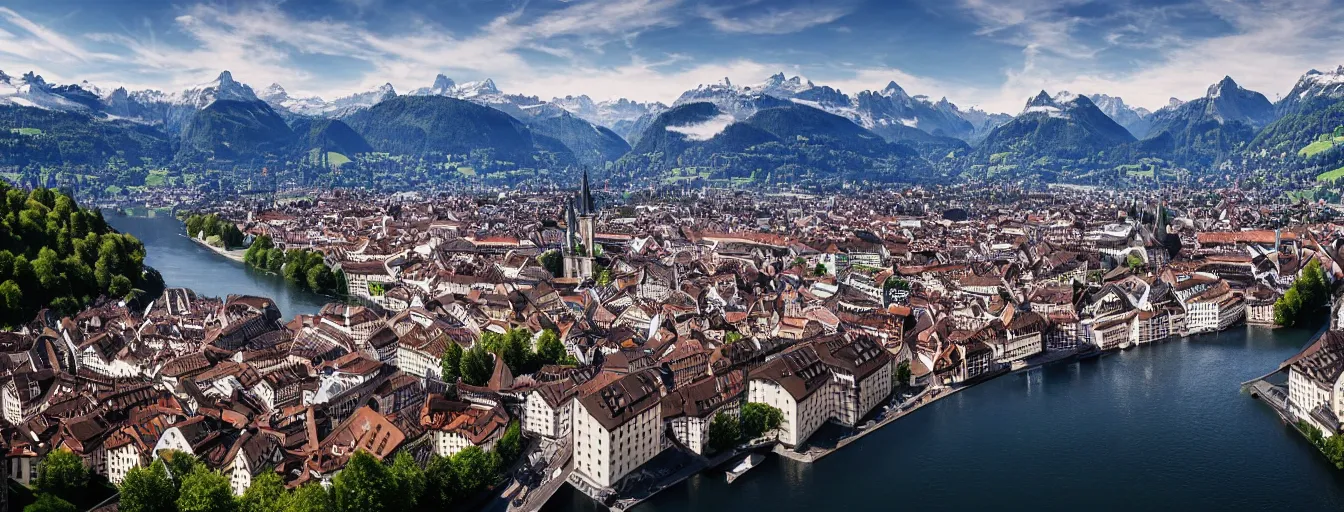 Image similar to Photo of Zurich, looking down the river at the lake and the alps, Hardturm, Grossmünster, wide angle, volumetric light, hyperdetailed, mountain water, artstation, cgsociety, 8k