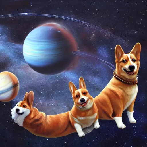 Image similar to all of the planets revolving around a giant Corgi, beautiful, oil on canvas, intricate, 8k highly professionally detailed, HDR, CGsociety