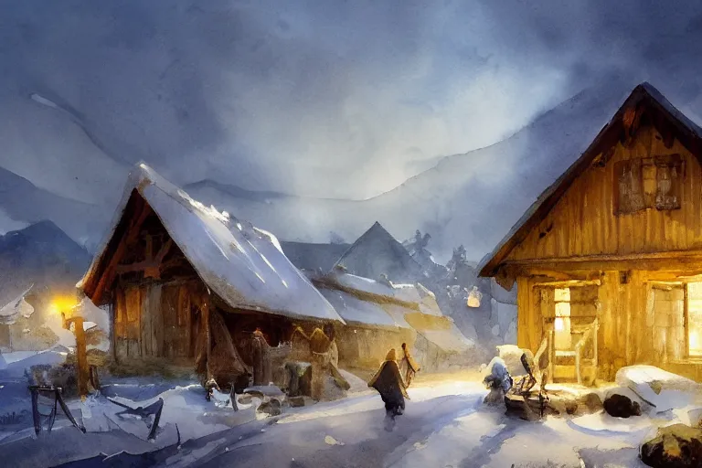 Prompt: paint brush strokes, abstract watercolor painting of rustic village house at winter dawn, lantern, medieval straw roof, scandinavian viking age, ambient lighting, art by hans dahl, by jesper ejsing, art by anders zorn, wonderful masterpiece by greg rutkowski, cinematic light, american romanticism by greg manchess, impressionism by tyler edlin