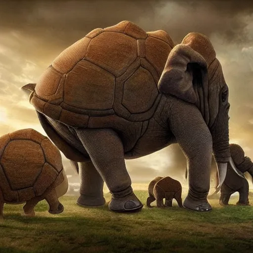 Image similar to Great A'Tuin the Giant Star Turtle carrying four giant elephants who carry the Discworld, epic fantasy art in hyper realistic photograph