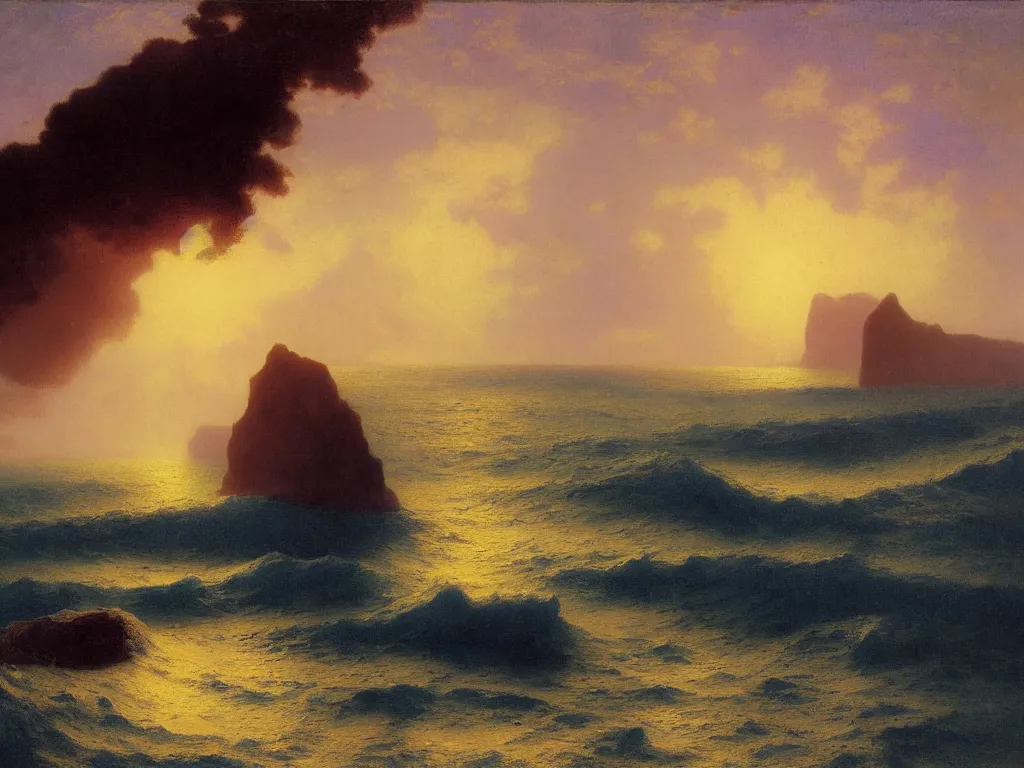 Image similar to Island at the edge of the universe, Kauai, Sunlight Study, by Albert Bierstadt and Ivan Aivazovsky, Art Nouveau, 8k