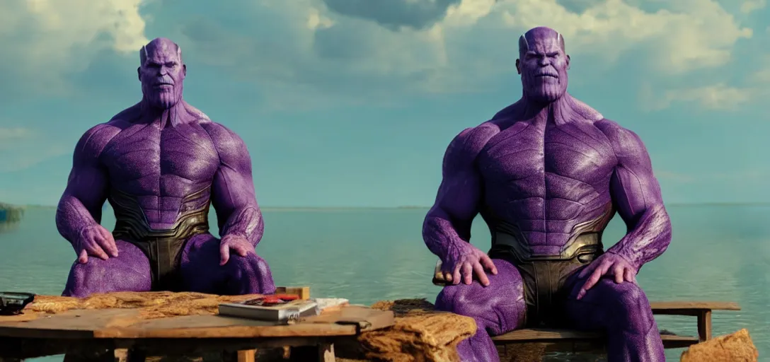 Image similar to a very high resolution image from a new movie. thanos sitting on chair in a lake, photorealistic, photography, directed by wes anderson