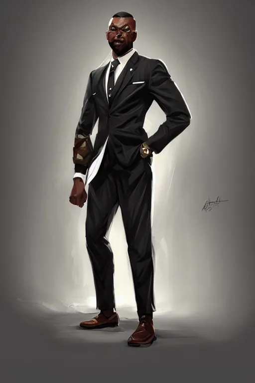 Image similar to detailed digital painting of handsome black man in corporate attire with short natural mohawk, fanart behance trending on artstation, concept art, matte, sharp focus, illustration, super hero pose, hearthstone, art by artgerm and greg rutkowski and alphonse mucha