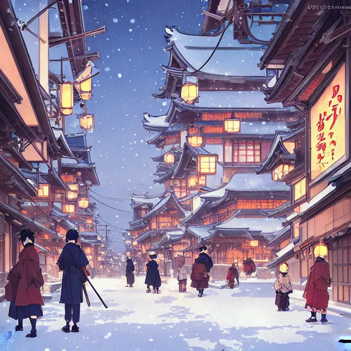 Image similar to japanese big city, winter, in the style of studio ghibli, j. c. leyendecker, greg rutkowski, artem