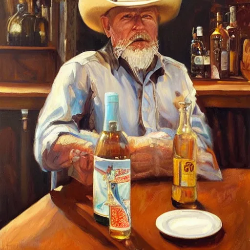 Prompt: modern oil painting portrait of old wrinkled gunslinger at table with bottle in western saloon, masterpiece, realistic and detailed, artstation, interesting lightning