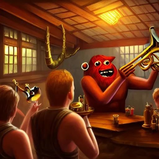 Image similar to monster playing trumpet in tavern to cheering patrons, artstation, fantasy