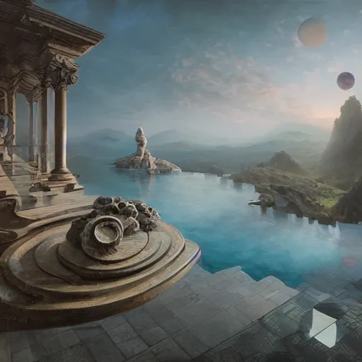 Prompt: peter tarka, minimalistic, hyperrealistic surrealism, award winning masterpiece with incredible details, epic stunning, infinity pool, a surreal vaporwave liminal space, highly detailed, trending on ArtStation, artgerm and greg rutkowski and alphonse mucha, daily deviation, IAMAG, broken giant marble head statue ruins, nightscape, milkyway