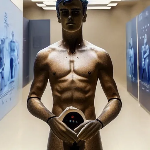 Image similar to “ a realistic detailed photo of a guy who is an attractive humanoid who is half robot and half humanoid, who is a male android, soccer player antoine griezmann, shiny skin, posing like a statue, blank stare, at the museum, on display ”