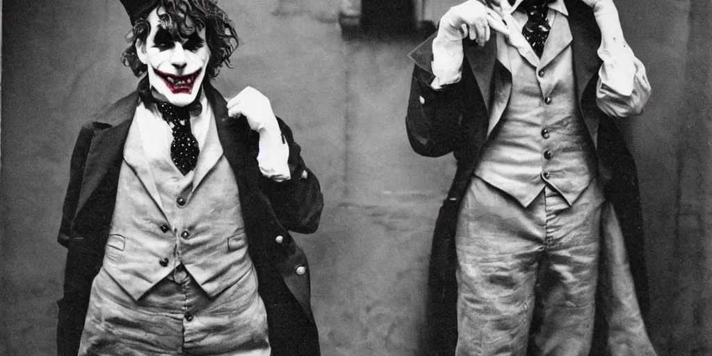 Image similar to joker wearing clothes in the style of directoire style, photograph, grinning, creepy,