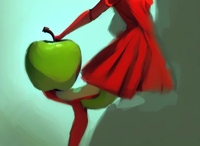 Image similar to a digital painting of a beautiful anthropomorphic humanoid green apple wearing a red dress, by netter, style from greg rutkowski, googly eyes, full frame, oil painting, featured on artstation, concept art, smooth, sharp focus, illustration, very detailed, ambient lighting, unreal engine render, concept art by Atey Ghailan, by Loish, by Bryan Lee O'Malley