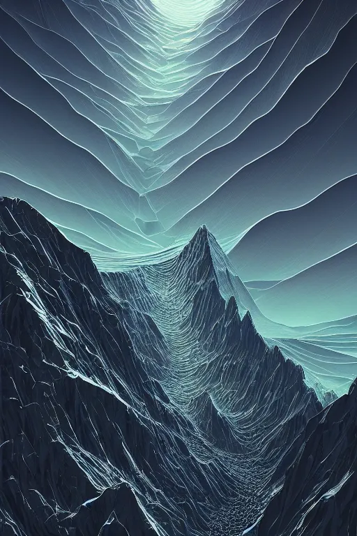 Image similar to digital matte fantasy dreamy mountain scape dark tones snow cyber glitch geometrieva futuristic moonlight, artstation, behance, 8 k by alex grey