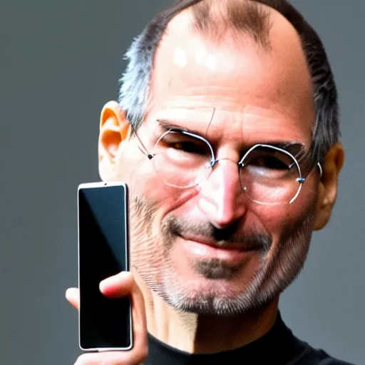 Image similar to steve jobs holding up a samsung phone, xf iq 4, f / 1. 4, iso 2 0 0, 1 / 1 6 0 s, 8 k, raw, unedited, symmetrical balance, in - frame, sharpened