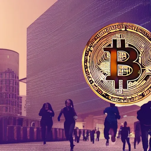 Prompt: bunch of people running away scared from giant bitcoin in the city, hyper detailed, hdr, 8 k, beautiful lighting, dribbble art