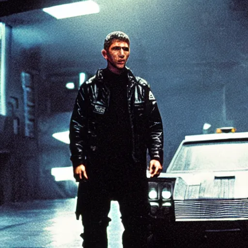 Image similar to film still blade runner Officer Deckard wearing Acronym + Nike ACG techwear