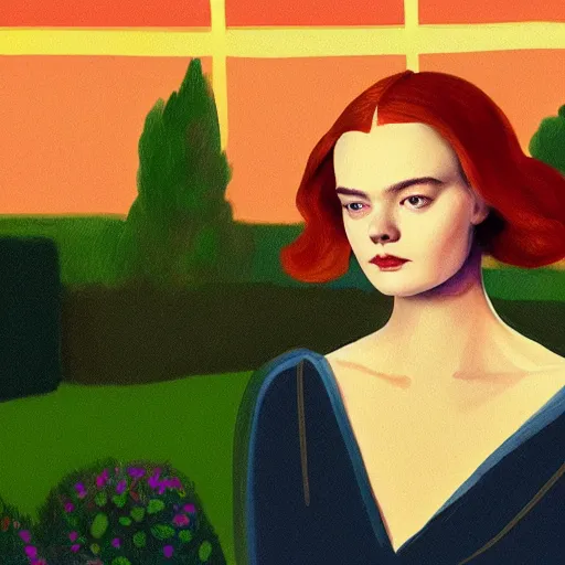 Prompt: Elle Fanning, head and shoulders masterpiece, in hell, golden hour, in a garden, artstation, in the style of Art Deco and Edward Hopper and Bosch, extremely detailed