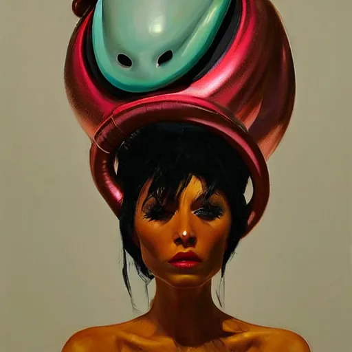 Prompt: a hyper realistic painting of an alien princess, metal headdress, by michael carson, highly detailed, vivid color,