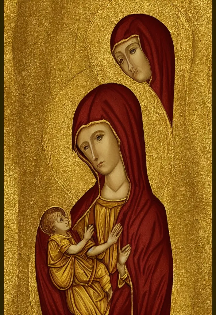 Prompt: saint mary reimagined as digital art by theophilia from deviantart, gold background, very detailed,