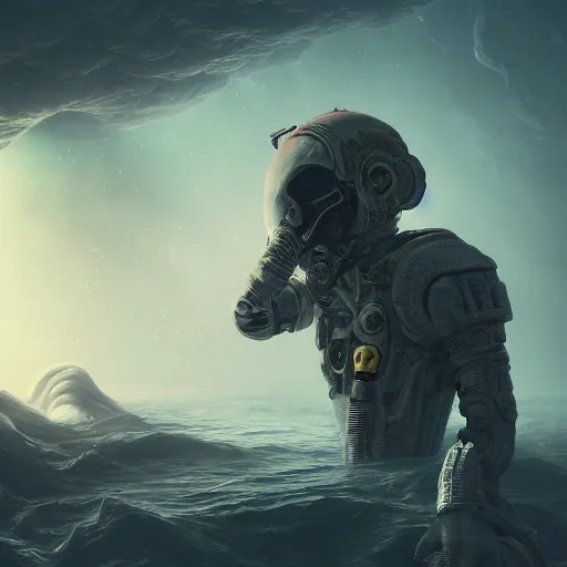 Image similar to soft painting render curiosities gigantic skulls lovecraftian world sunken spacecraft, omnious, horror, accurate features, focus, very intricate ultrafine details, random volumetric lighting, dense fog, award winning masterpiece, octane render 8 k hd, artstation. war scene beautiful woman in spacesuit