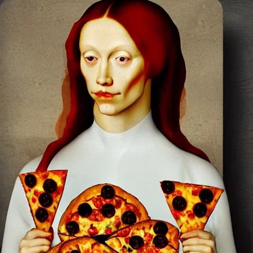 Prompt: skinny lady with red hair covered by pizzas painted in style of Hans Memling