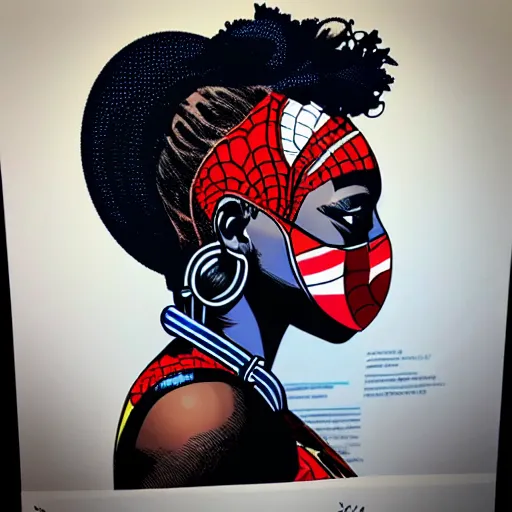 Image similar to a profile photo of a african woman with a diving oxygen mask with side profile blood in ocean intricate details by MARVEL comics and Sandra Chevrier-C