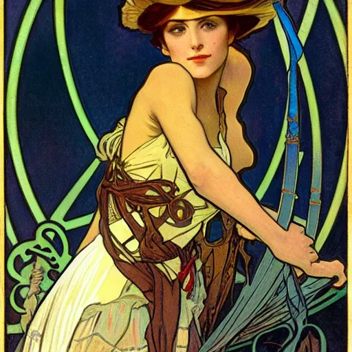 Image similar to female pirate, painted by alphonse mucha