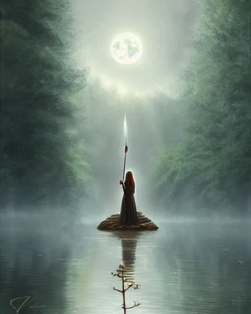 Image similar to 'lady of the lake' raising excalibur in the middle of a lake under a giant full moon, rippling reflections, trees and falling leaves, art by Raymond Swaziland and Greg Rutkowski, D&D, high fantasy, romantic, highly detailed, digital painting, trending on artstation, concept art, golden ratio, sharp focus, masterpiece