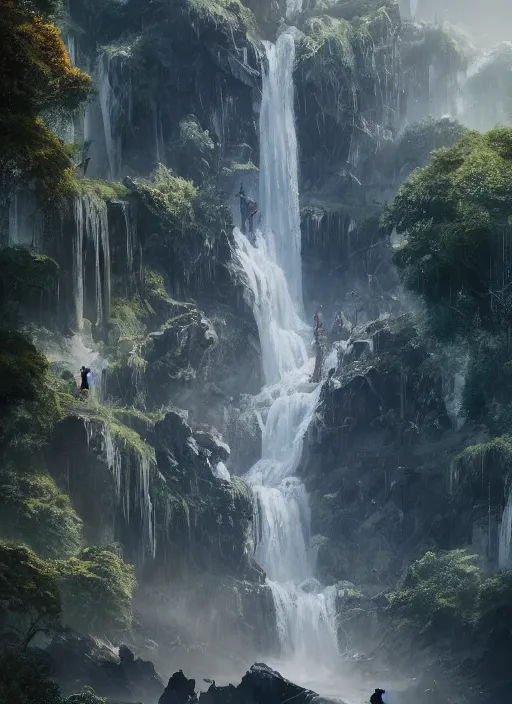 Image similar to A waterfall made of humans by Greg Rutkowski, Sung Choi, Mitchell Mohrhauser, Maciej Kuciara, Johnson Ting, Maxim Verehin, Peter Konig, final fantasy, 8k photorealistic, cinematic lighting, HD, high details, dramatic, atmospheric , trending on artstation