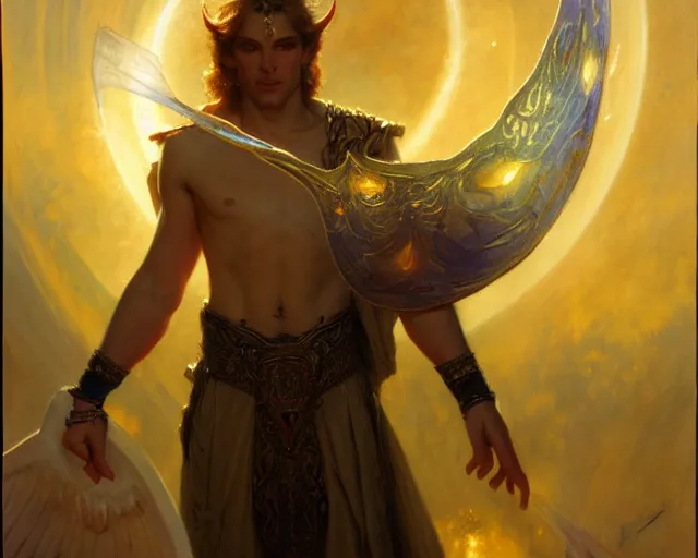 Image similar to attractive male deity, casting demonic magic, summoning handsome lucifer morning star. highly detailed painting by gaston bussiere, craig mullins, j. c. leyendecker 8 k