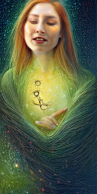 Image similar to infp young woman, smiling amazed, golden fireflies lights, sitting in the midst of nature fully covered, long loose red hair, intricate linework, green eyes, small nose with freckles, oval shape face, realistic, expressive emotions, dramatic lights spiritual scene, hyper realistic ultrafine art by michael cheval, jessica rossier, boris vallejo