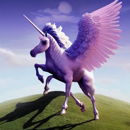Image similar to jeff goldblum on a winged unicorn, art by beeple, hyperrealistic