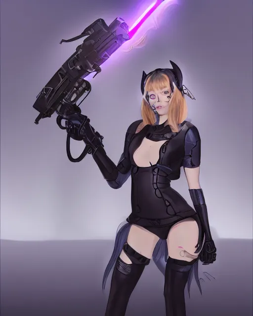 Prompt: sci fi humanoid catgirl with horns instead of ears holding a laser rifle, futuristic, photorealistic concept art