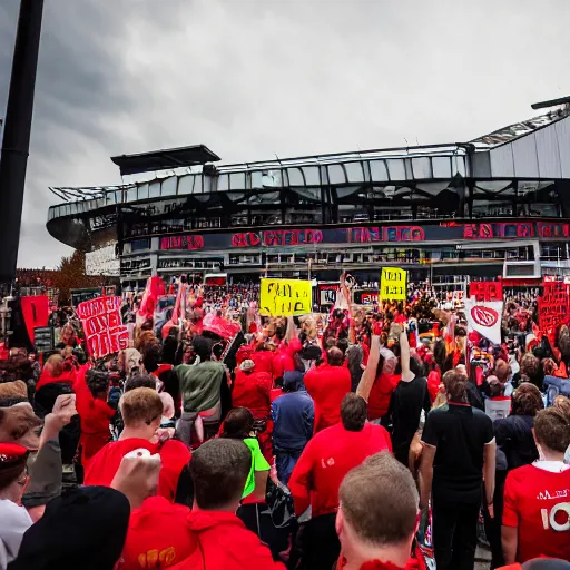 Image similar to protests at old trafford theatre of dreams against the glazers, # glazersout, stadium, chaos, protest, banners, placards, burning, owners of manchester united football club, pure evil, 8 k, wide angle lens, 1 6 - 3 5 mm, symmetry, cinematic lighting - w 1 0 2 4