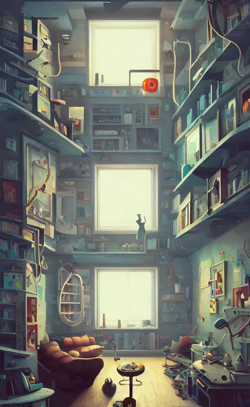 Image similar to Interior shot of a cozy loft by Petros Afshar and Beeple, James Gilleard, Mark Ryden, Wolfgang Lettl highly detailed